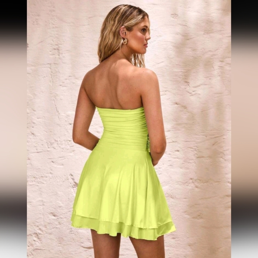 Yellow Color Off The Shoulder Ruched Dress,Women Summer Dresses - Picture 2 of 4